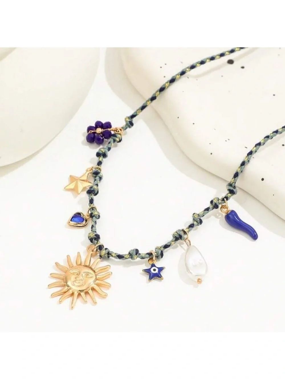 Gold Sun & Blue Charm Braided Necklace A1334